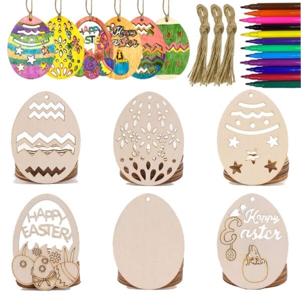 DIY Ostereier Holzanhänger, ideal für DIY-Projekte. Mit Motiven wie "Frohe Ostern" und anderen Motiven. Ideal für den Großhandel.
