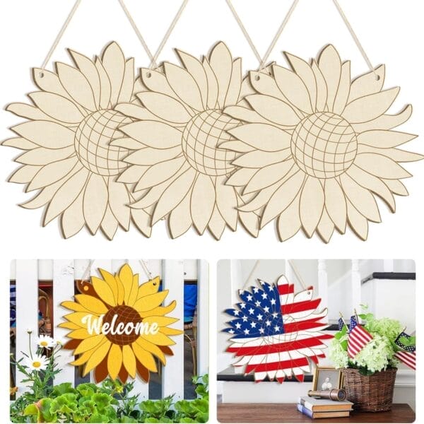 Drei unfertige Sonnenblumen-Ausschnitte aus Holz, perfekt für DIY-Bastelarbeiten. Auf einem ist das Schild „Willkommen“ abgebildet.
