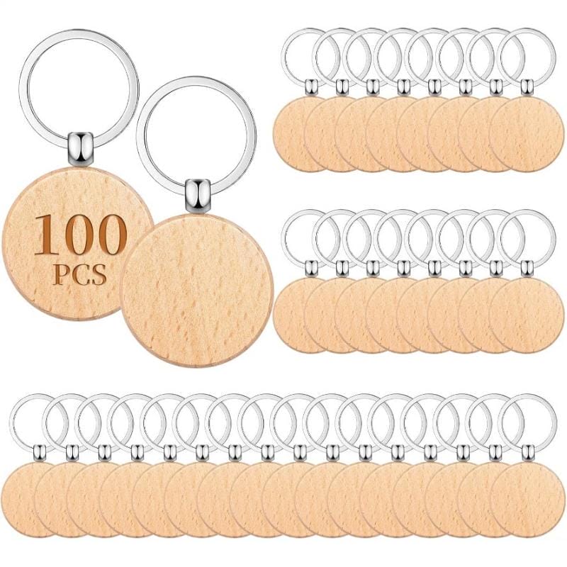 100 Schlüsselanhänger aus Holz mit leeren runden Anhängern. Perfekt zum Basteln!