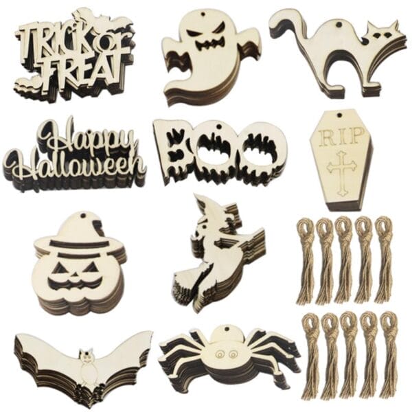 Halloween-Dekorationen aus Holz: Geister, Fledermäuse, Kürbisse, Spinnen und mehr. Ideal für selbstgemachte Partydekorationen.
