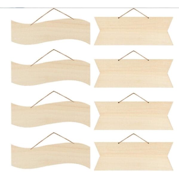 Sechs Blanko-Holzschilder, drei gebogene und drei rechteckige, perfekt zum Selbstdekorieren und individuellen Gestalten.