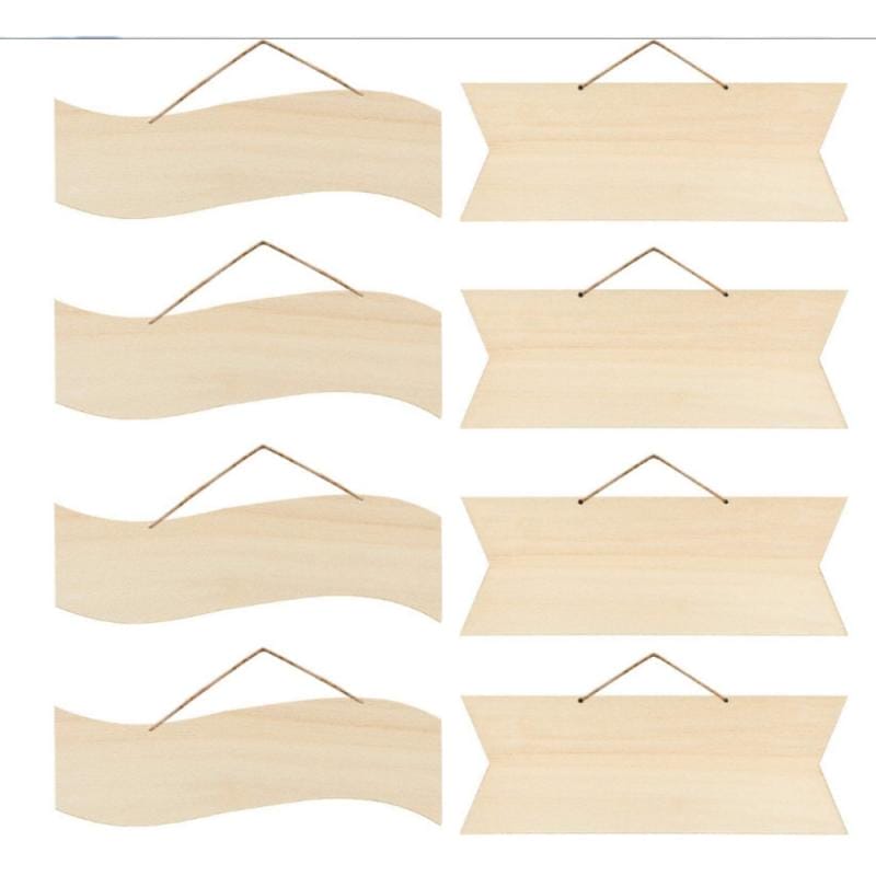 Sechs Blanko-Holzschilder, drei gebogene und drei rechteckige, perfekt zum Selbstdekorieren und individuellen Gestalten.