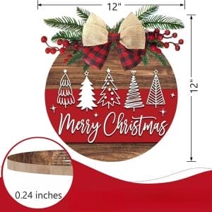 Weihnachten Wand Deko: Rustikaler Holzkranz mit "Merry Christmas", Bäumen und Schleife.