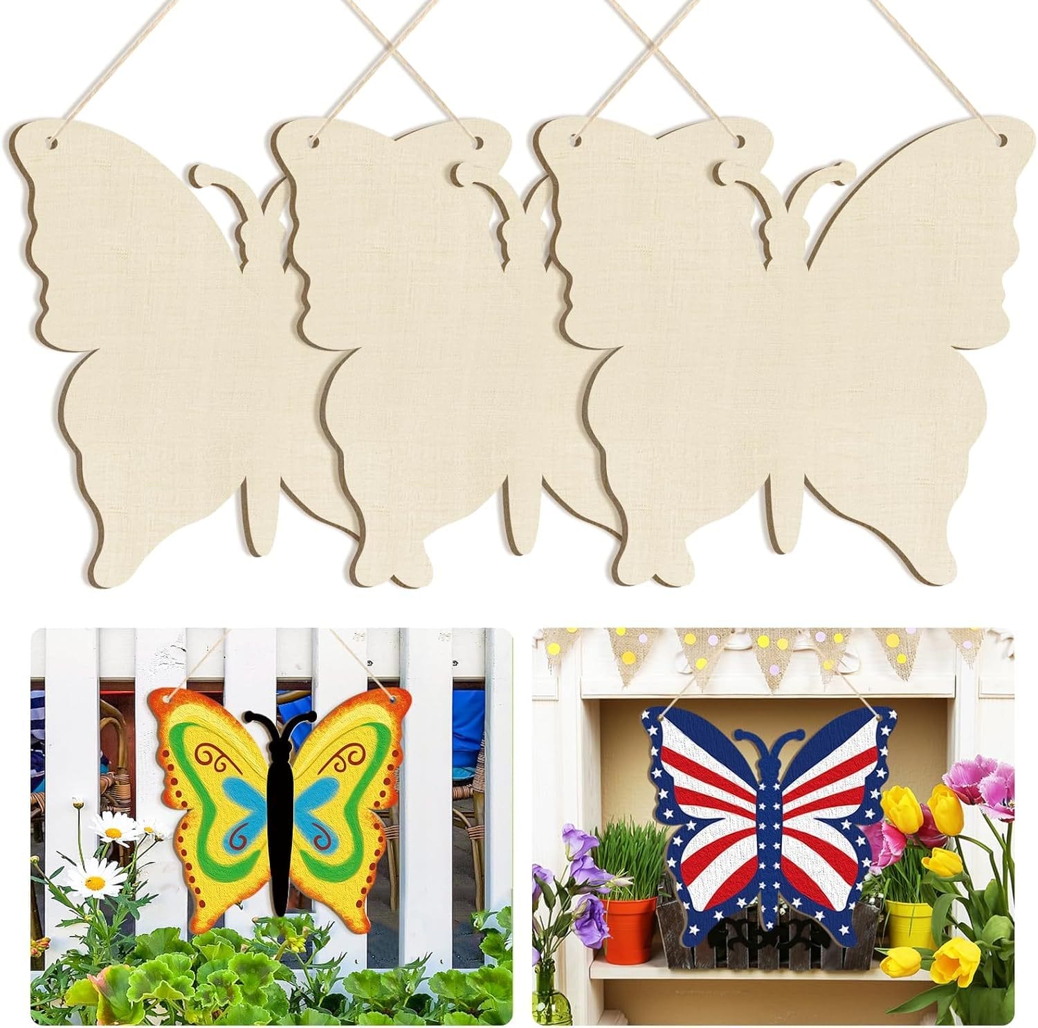 Drei unfertige Schmetterlingsausschnitte aus Holz mit Schnur zum Aufhängen, perfekt für DIY-Projekte.