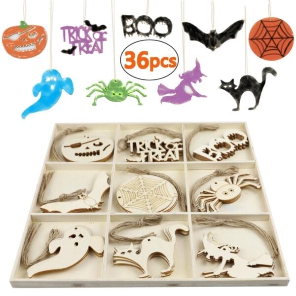 36 Halloween-Holzornamente in einer Box. Enthält Geister, Fledermäuse, Spinnen, Kürbisse und mehr. DIY-Dekorationen für Partys.