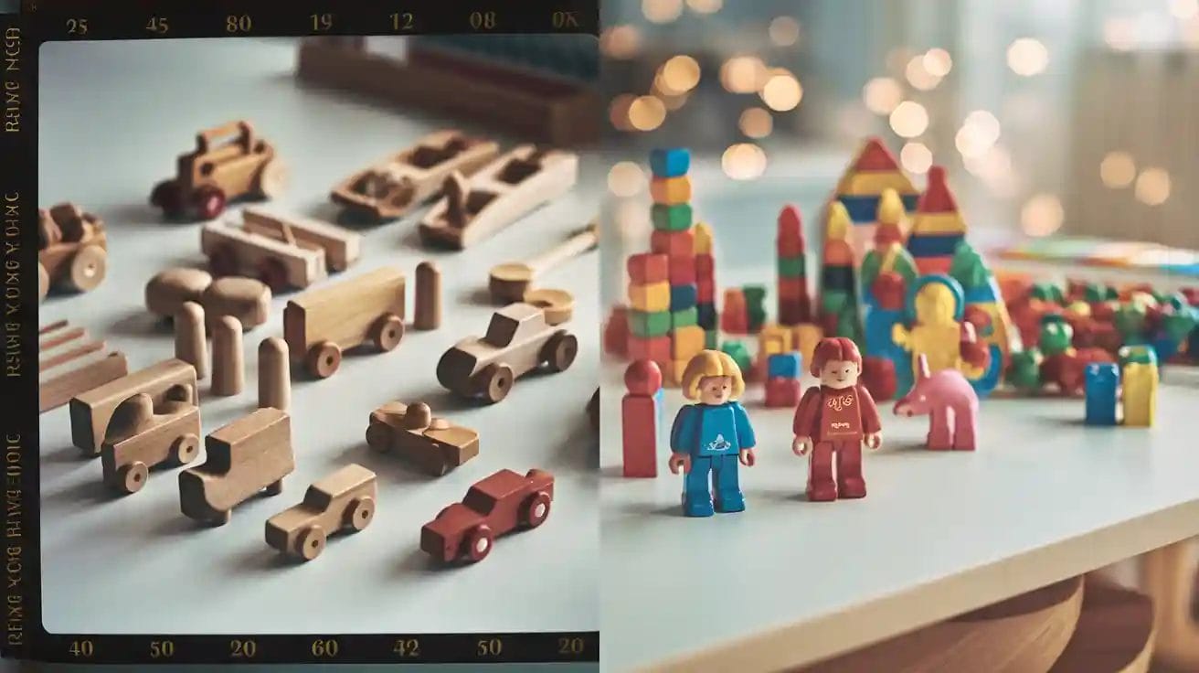 Holz- und Plastikspielzeug: bunte Bauklötze, Autos und Figuren. Holzspielzeug vs. Plastikspielzeug.