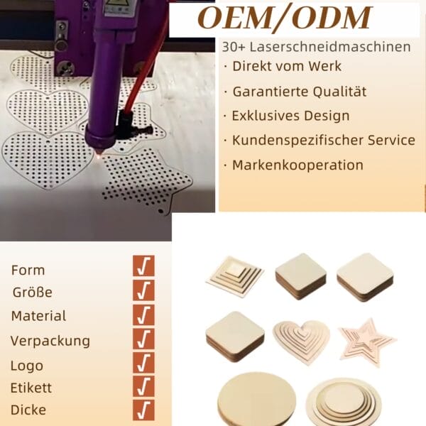 Lasergeschnittene, unbehandelte Holzornamente: Herzen, Sterne und Quadrate. Perfekt für Bastelarbeiten mit Strandmotiven.
