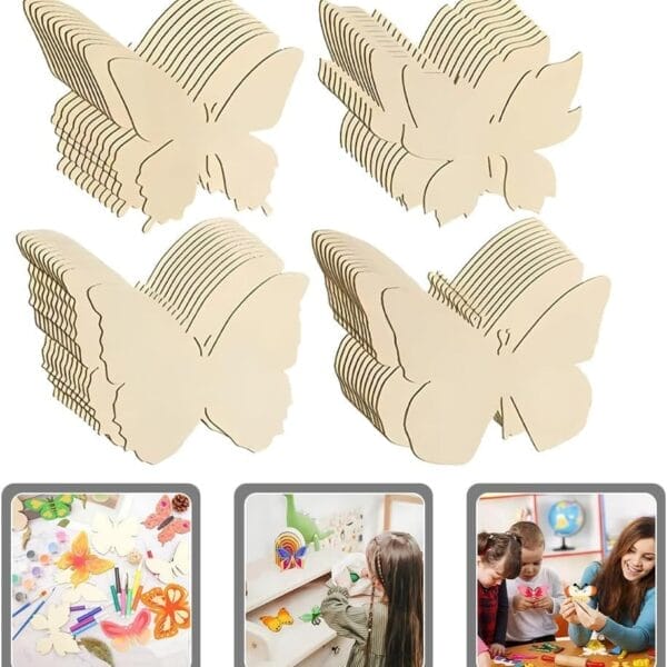 Vier Stapel unfertiger Schmetterlingsformen aus Holz, ideal zum Basteln für Kinder.