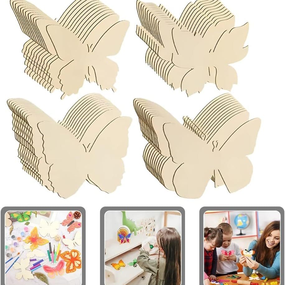 Vier Stapel unfertiger Schmetterlingsformen aus Holz, ideal zum Basteln für Kinder.