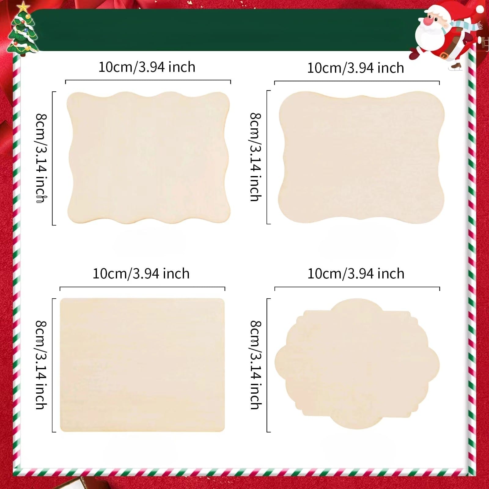 Vier unbemalte Holzformen: Rechteck, Quadrat, gewelltes Rechteck und verziertes Rechteck. Perfekt für DIY-Bastelarbeiten.