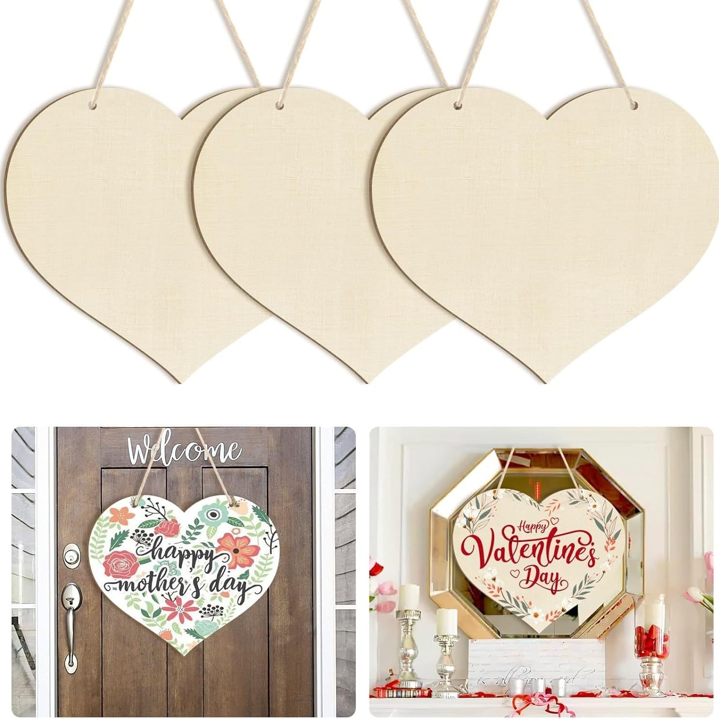 Drei unfertige Herzformen aus Holz mit Schnur, perfekt für Bastel- und Heimdekorationsprojekte.