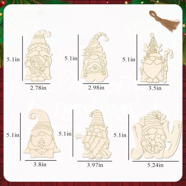 Sechs unbemalte Weihnachtswichtel aus Holz in verschiedenen Größen, fertig zum Bemalen. Großhandel mit unbemalten Zwergen-Ornamenten.