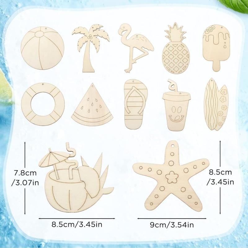 Unfertige Holzornamente mit Strandmotiven: Wasserball, Flamingo, Ananas, Surfbrett und mehr. Perfekt für die selbstgemachte Sommerdeko.
