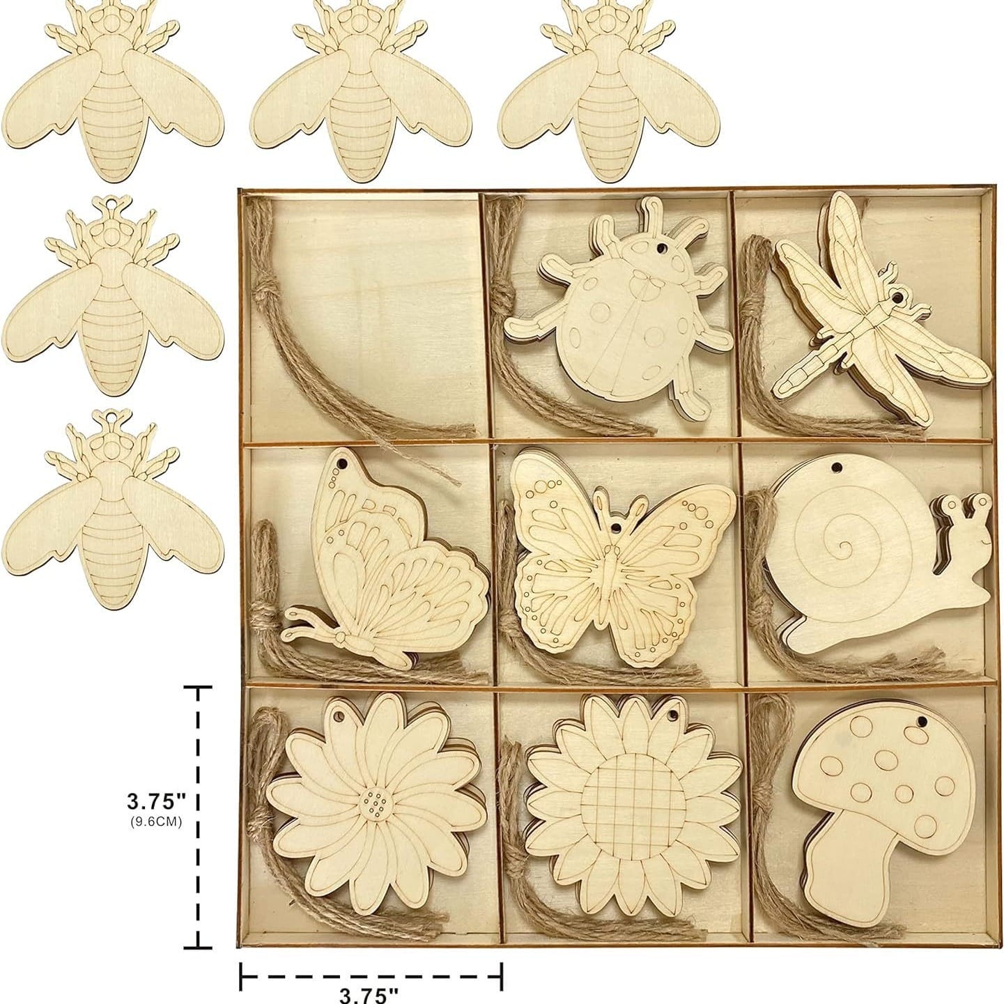 Bastelset aus Holz mit Bienen, Schmetterlingen, Marienkäfern und Blumen. Perfekt zum Basteln für Kinder.