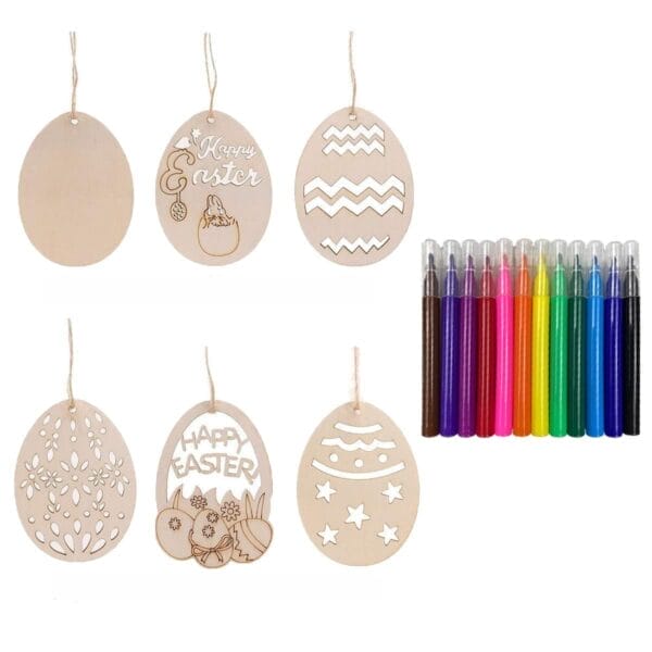 Unbemalte Ostereier-Ornamente aus Holz mit Markern. DIY-Osterbastelbedarf.