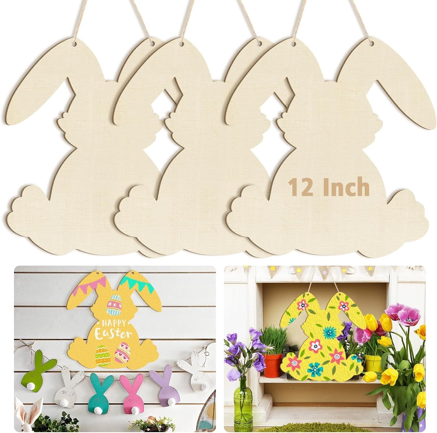 Vier 30 cm große, unbehandelte Osterhasen-Ausstechformen aus Holz, bereit zum Basteln. Ideal für DIY-Projekte!