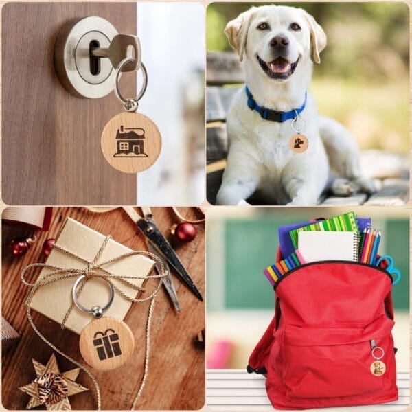 Schlüsselanhänger aus Holz mit lasergravierten Designs. Anpassbare Haus-, Geschenk- und Haustiersymbole.