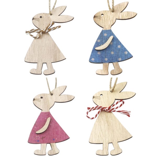 Dekorative Häschen aus Holz-Ornamente aus Holz, jeder in einem anderen Kleid. Dekorative Hasen aus Holz im Großhandel.