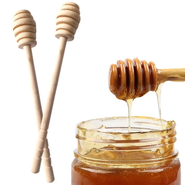 Holz Honig Dipper und ein Glas Honig. Hochwertige Honigrührer für den praktischen Gebrauch.