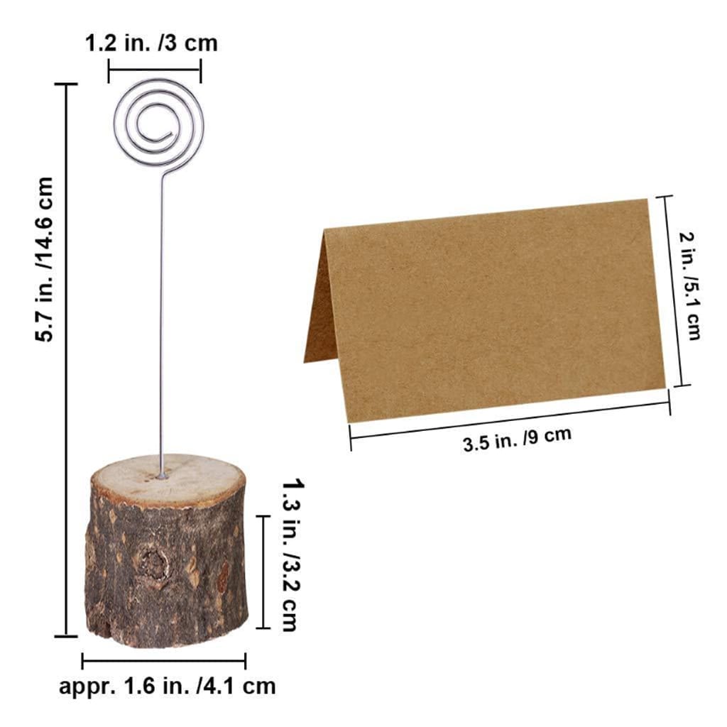 Tischkartenhalter aus Holz mit Spiraldrahtklammern und leeren braunen Karten. Großhandels-Menühalter aus Holz.