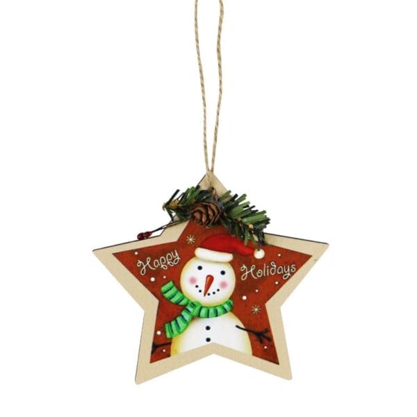 Rustikaler Weihnachtsstern aus Holz mit einem Schneemann und dem Text „Frohe Feiertage“.
