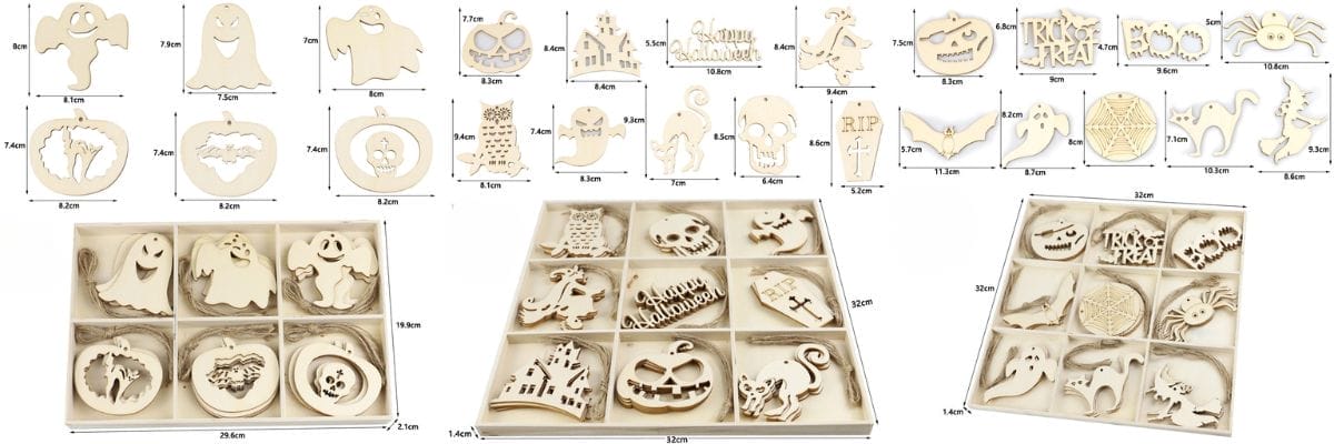 Sortiment an DIY-Halloween-Ornamenten aus Holz, darunter Geister, Kürbisse, Totenköpfe und Fledermäuse. Perfekt für festliche Dekorationen.