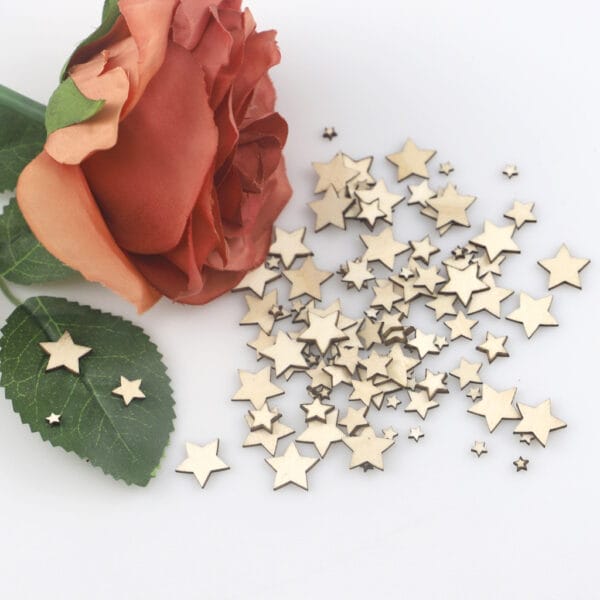 Holzsterne zum Basteln, die neben einer Korallenrose verstreut sind. Ideal für Bastelarbeiten, Scrapbooking und Partys!
