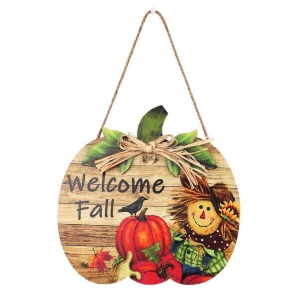 Willkommen Herbst: Kürbisförmiges Holzschild mit Vogelscheuche und Herbstlaub. Handgefertigte Herbstdekoration.