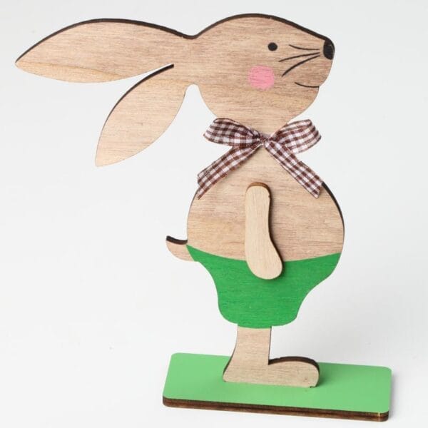 Bezaubernde Osterhasenfigur aus Holz, perfekt für die Osterdekoration. Osterdeko Großhandel.