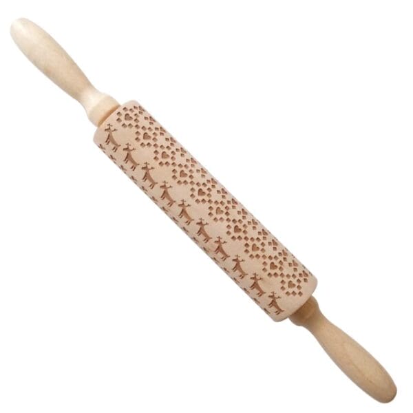 Weihnachts-Nudelholz aus Holz mit Rentier- und Herzmotiv. Ideal zum Backen.