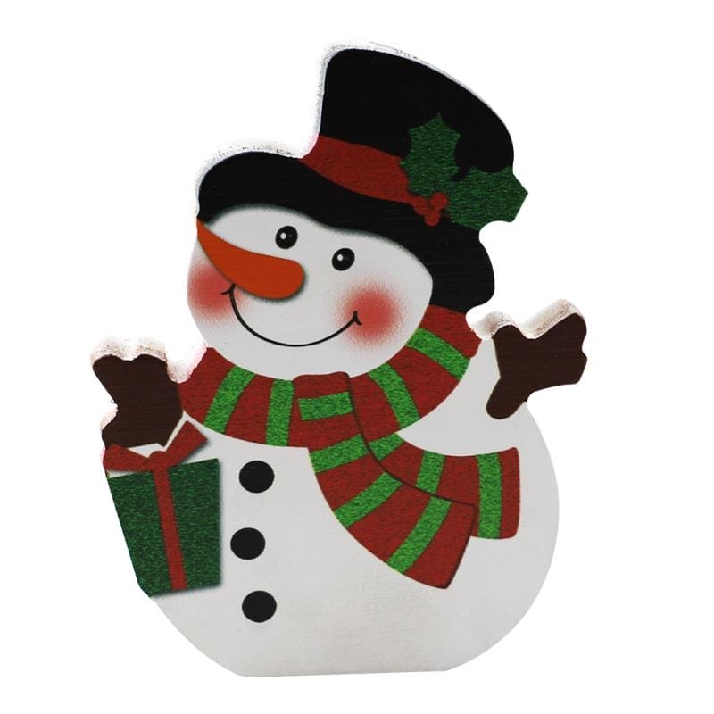 Bezaubernde Weihnachtsdekoration aus Holz in Form eines Schneemanns mit einem Geschenk. Perfekt für die festliche Tischdekoration.