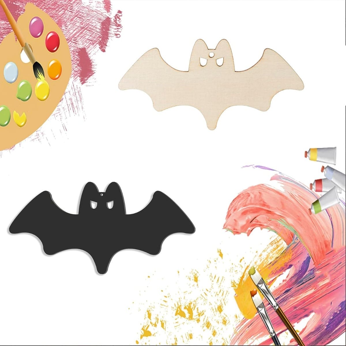 Unfertige Fledermaus-Ausschnitte aus Holz für Halloween-Bastelarbeiten. Ideal für DIY-Projekte!