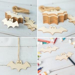 Fledermausausschnitte aus Holz; unvollendete DIY-Halloween-Bastelarbeiten. Fledermaus Ausschnitte aus Holz.