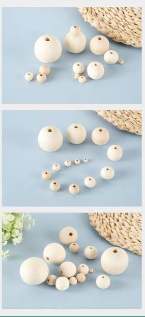 Runde Holzperlen in verschiedenen Größen, ideal für Bastelarbeiten.