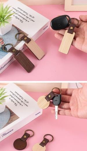 Holz Schlüsselanhänger mit PU-Lederband in verschiedenen Formen und Farben.