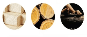 Holzklötze, Baumstämme und ein Zimmermann, der mit Holz arbeitet. Holz-Lesezeichen.