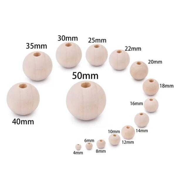 Sortiment runder Holzperlen, 6-50mm, mit Löchern zum Basteln.
