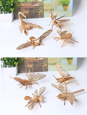 Sortiment an 3D-Insektenpuzzles aus Holz. 3D-Holzpuzzle-Bausätze zum Selberbauen für Kinder.