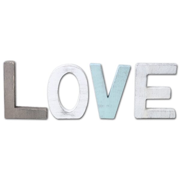 Rustikale hölzerne LOVE-Buchstaben in Grau, Weiß und Hellblau. Perfekt für den Großhandel.
