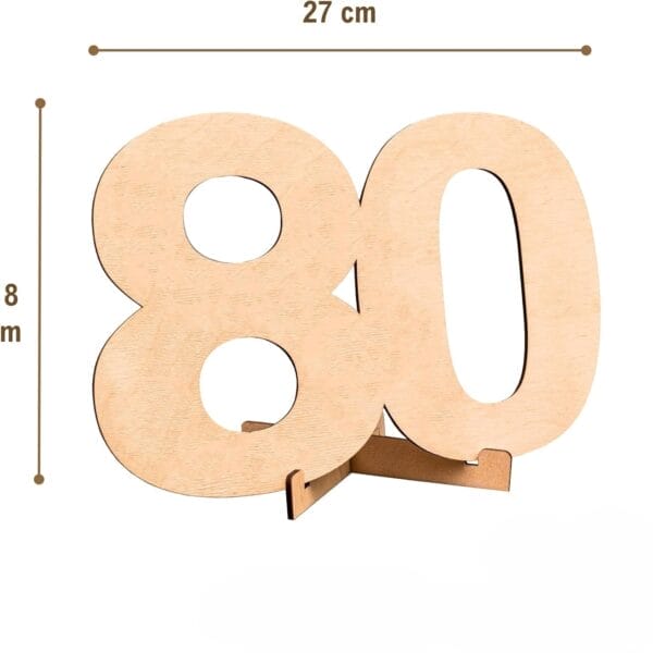 Große Holzzahl 80 mit Ständer. Unbearbeitete Holzzahlen zur Heimdekoration.