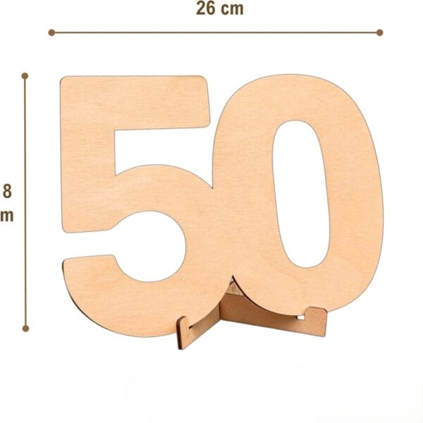 Holzzahl 50 mit Ständer, 26 cm breit, 18 cm hoch