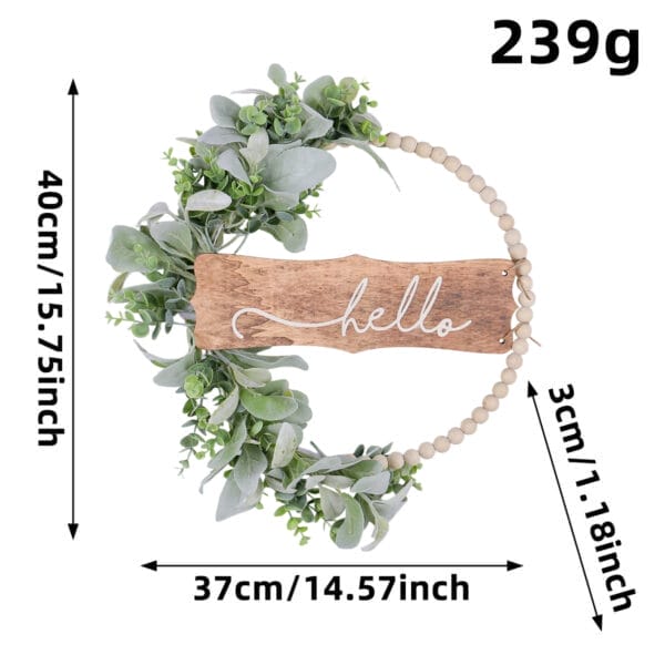 Edler Hochzeitskranz aus Holz mit „Hallo“-Schild, perfekt als Tür- oder Wanddekoration.