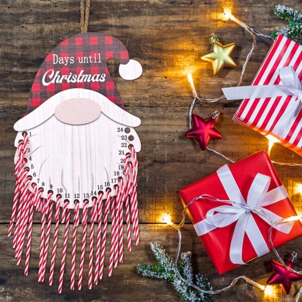 Weihnachtskalender aus Holz mit Zuckerstangen. Text: "Noch Tage bis Weihnachten". Großhandelskalender aus Holz.