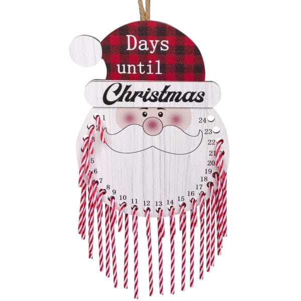 Weihnachts-Countdown-Kalender aus Holz mit Zuckerstangen. Text „Tage bis Weihnachten“.