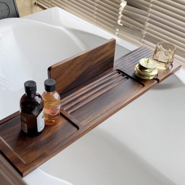 Bad-Tablett aus Holz – Walnuss-Badewannenablage