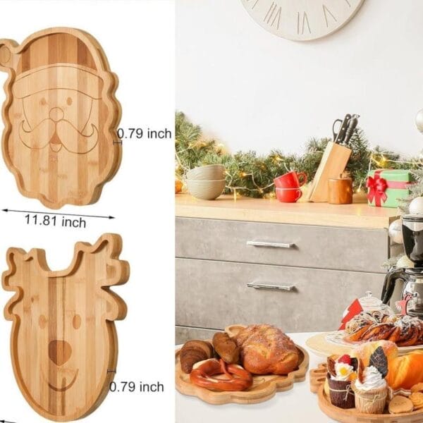 Bambus-Snacktabletts mit Weihnachtsmotiven: Weihnachtsmann und Rentier. Perfekt für die Feiertage!