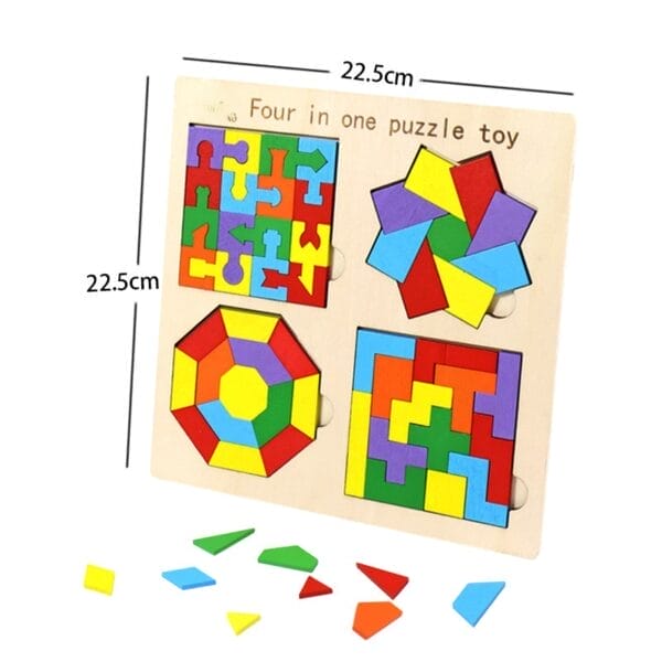4-in-1-Holzpuzzle für Kinder mit Tetris-ähnlichen und geometrischen Designs. Ideal für kreative Lernspiele.
