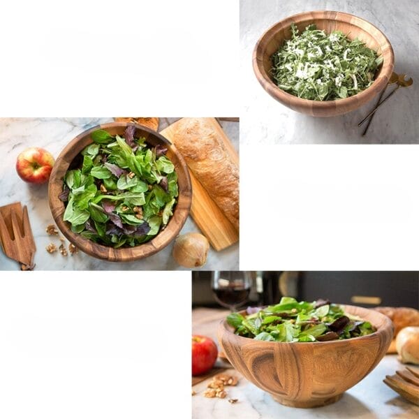 Elegante Salatschüssel aus Olivenholz, gefüllt mit frischem Gemüse. Großhandel Olivenholzschale.