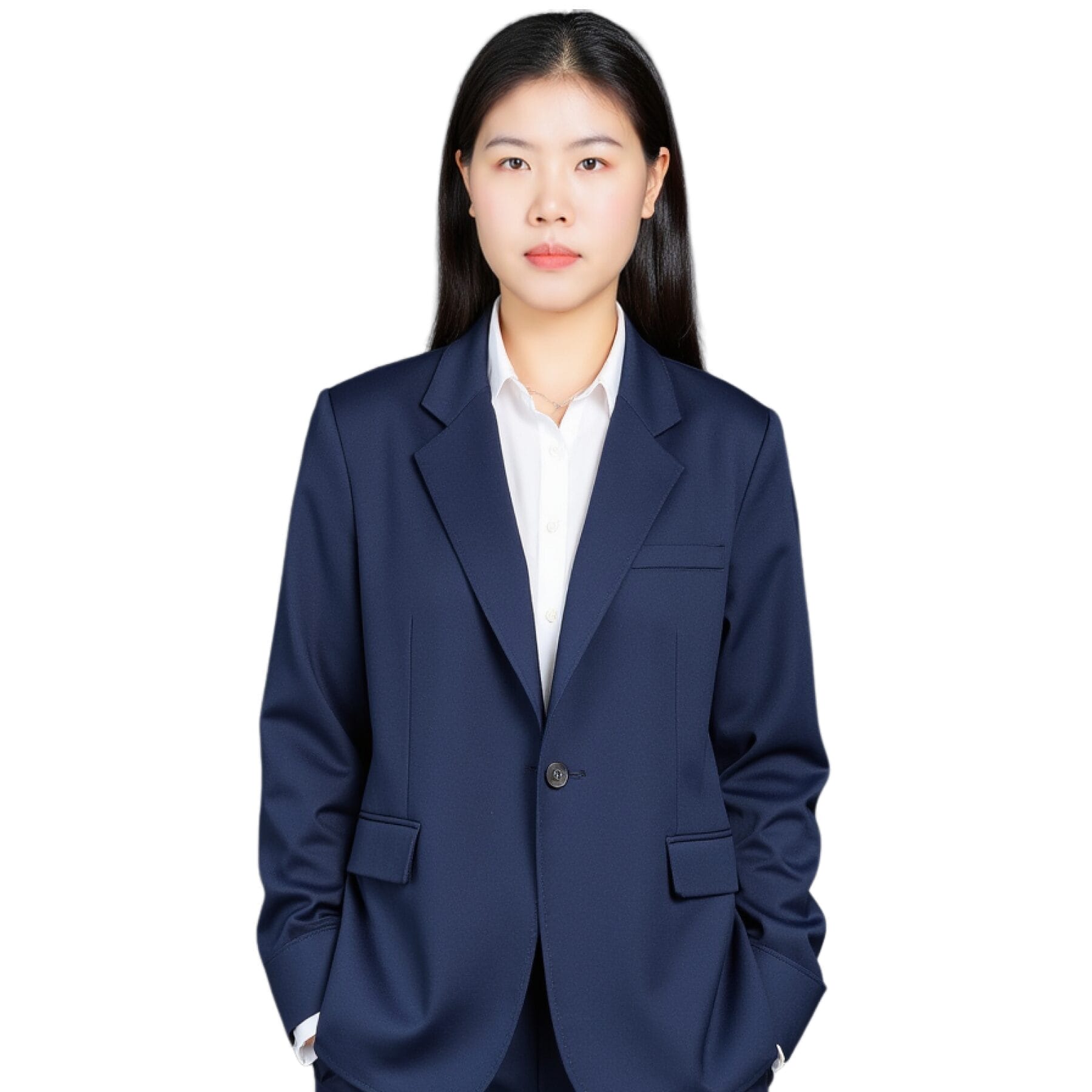 Porträt einer jungen Frau in einem marineblauen Businessanzug.