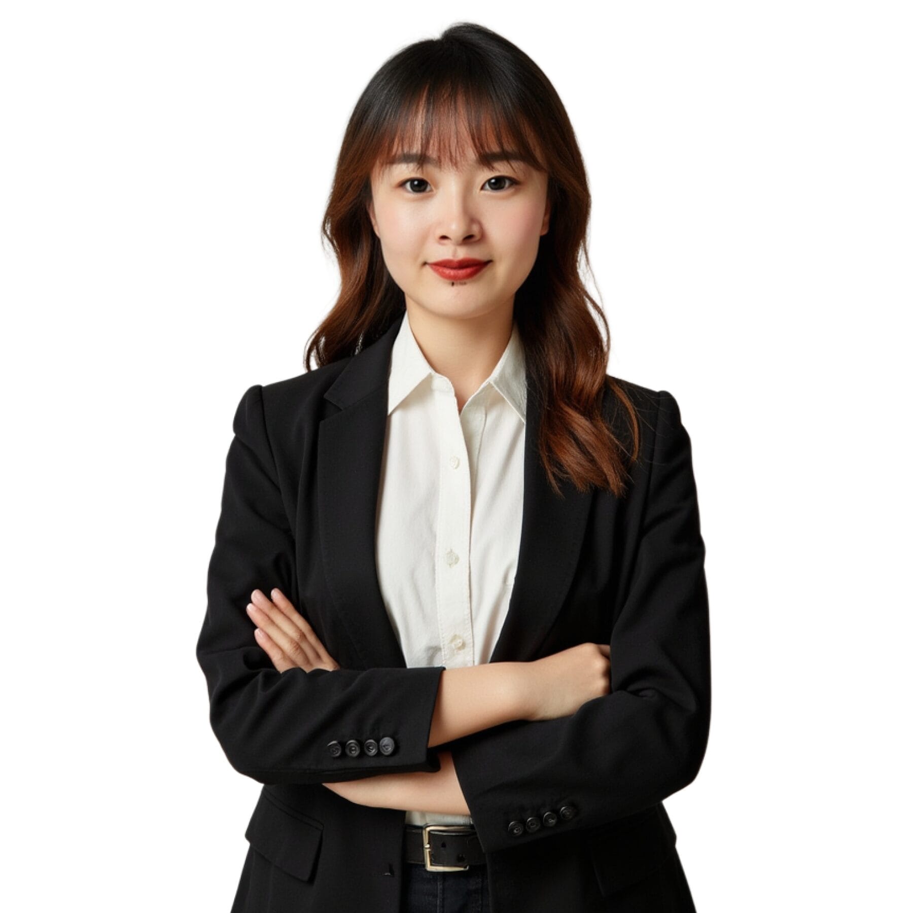 Selbstbewusste Geschäftsfrau mit verschränkten Armen, in einem schwarzen Blazer und einem weißen Hemd.